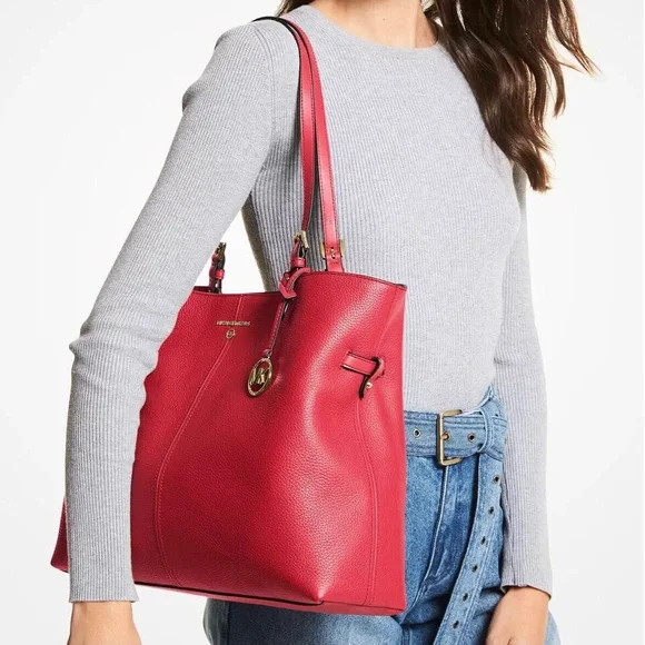 NWT Michael Kors Lenox Pebble Logo Charm Embossed Large Crimson Red Tote Bag